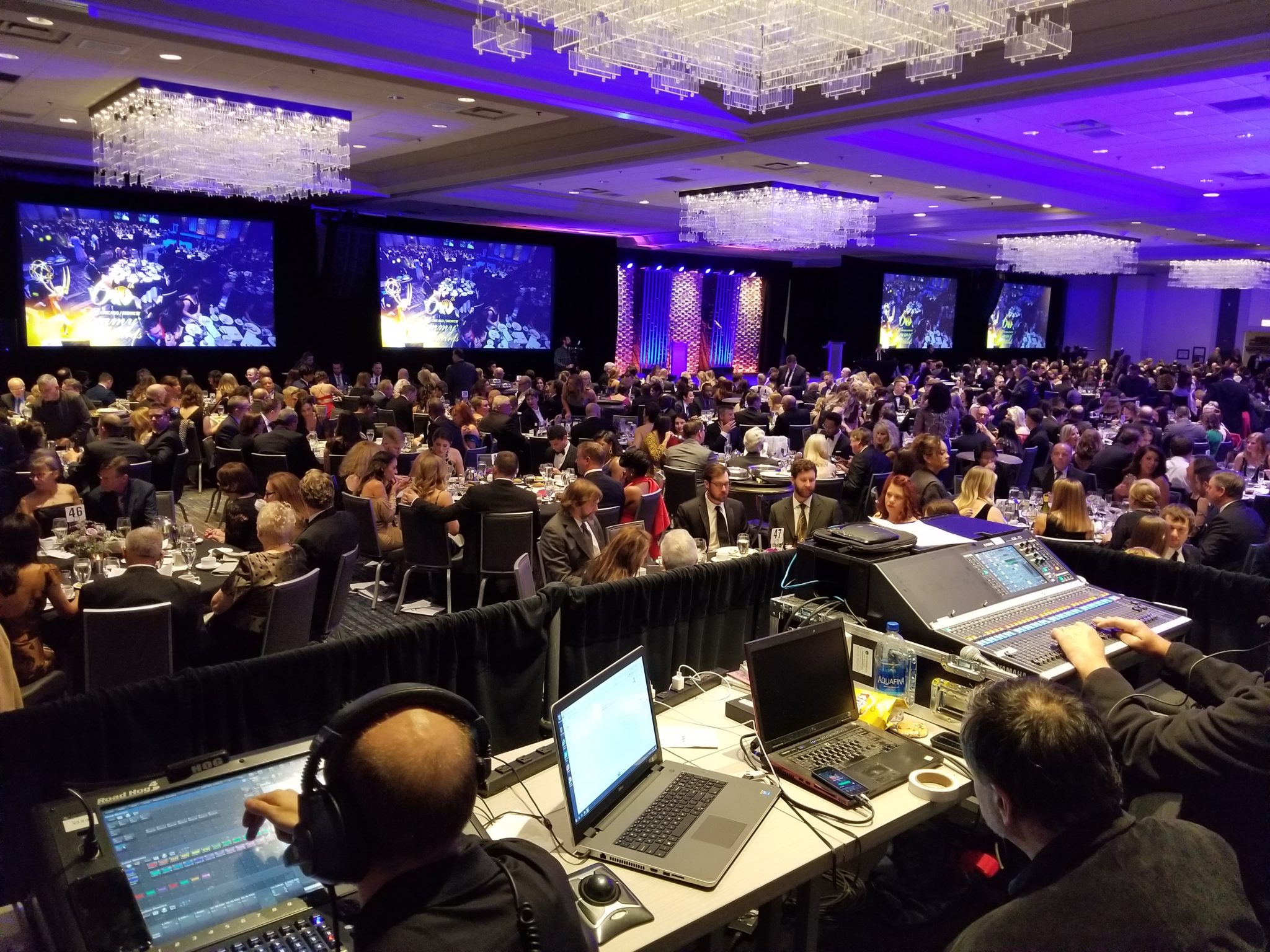 View of the tech table with a full audience at midwest emmys